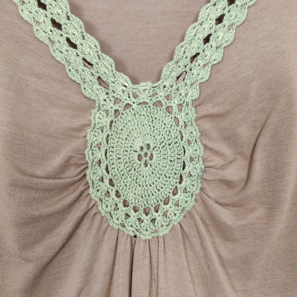 Frame De Paris Women's Blouse Size XS Tan Green Crochet V Neck Bodycon Y2K Style - Picture 2 of 8